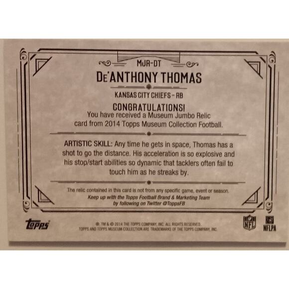 2014 Topps Museum De'Anthony Thomas Jumbo Relic 28/115 - Picture 3 of 5